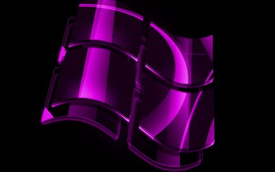 4k, logo violet Windows, arri&#232;re-plans violets, syst&#232;me d&#39;exploitation, logo en verre Windows, illustration, logo Windows 3D, Windows