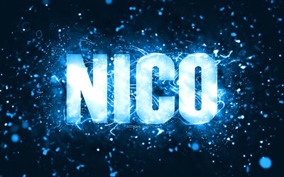 Happy Birthday Nico, 4k, blue neon lights, Nico name, creative, Nico Happy Birthday, Nico Birthday, popular american male names, picture with Nico name, Nico
