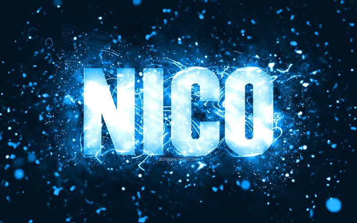 Happy Birthday Nico, 4k, blue neon lights, Nico name, creative, Nico Happy Birthday, Nico Birthday, popular american male names, picture with Nico name, Nico