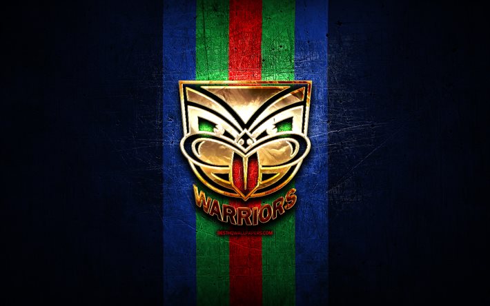 New Zealand Warriors, logotipo dourado, National Rugby League, fundo de metal azul, clube de rugby australiano, logotipo do New Zealand Warriors, rugby, NRL