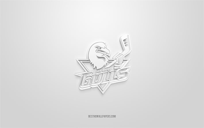 san diego gulls, kreatives 3d-logo, wei&#223;er hintergrund, ahl, 3d-emblem, american hockey team, american hockey league, kalifornien, usa, 3d-kunst, hockey, san diego gulls 3d-logo