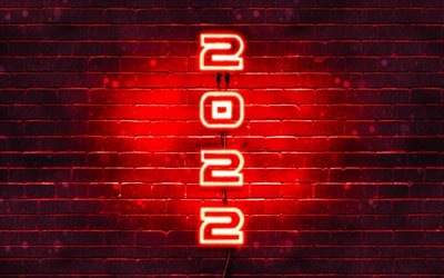 4k, 2022 on red background, vertical text, Happy New Year 2022, red brickwall, 2022 concepts, wires, 2022 new year, 2022 red neon digits, 2022 year digits