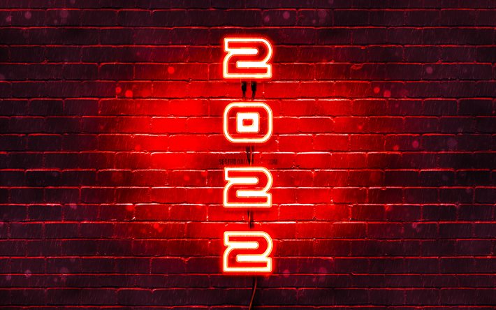 4k, 赤い背景に2022, 垂直方向のテキスト, 明けましておめでとうございます, 赤レンガの壁, 2022年のコンセプト, ワイアード, 2022年新年, 2022年の赤いネオンの数字, 2022年の数字