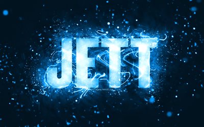 Happy Birthday Jett, 4k, blue neon lights, Jett name, creative, Jett Happy Birthday, Jett Birthday, popular american male names, picture with Jett name, Jett