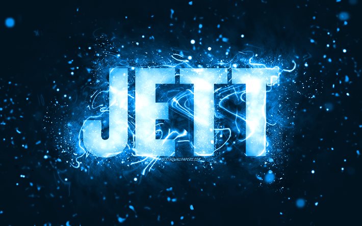 Joyeux anniversaire Jett, 4k, n&#233;ons bleus, nom Jett, cr&#233;atif, joyeux anniversaire Jett, anniversaire Jett, noms masculins am&#233;ricains populaires, photo avec le nom Jett, Jett