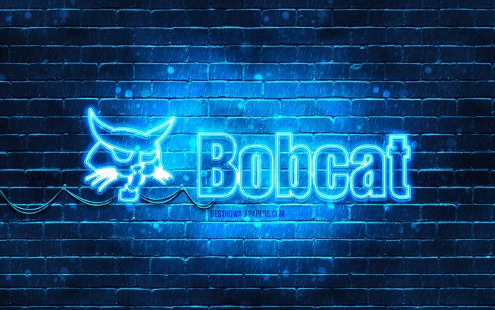 Bobcat logo bleu, 4k, mur de briques bleu, logo Bobcat, marques, logo n&#233;on Bobcat, Bobcat