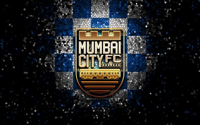 Mumbai City FC, glitter -logo, ISL, sininen valkoinen ruudullinen tausta, jalkapallo, intialainen jalkapalloseura, Mumbai City FC -logo, mosaiikki, FC Mumbai City, Intia