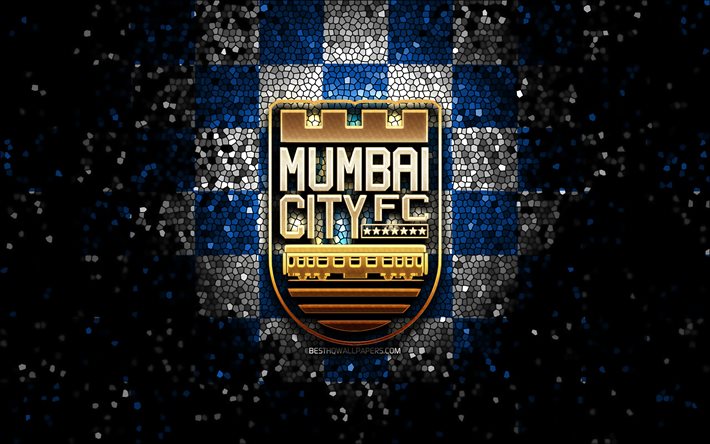mumbai city fc, glitzer-logo, isl, blau-wei&#223; karierter hintergrund, fu&#223;ball, indischer fu&#223;ballverein, mumbai city fc-logo, mosaikkunst, fc mumbai city, indien
