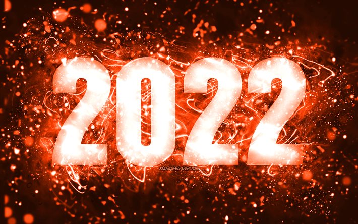 4k, frohes neues jahr 2022, orangefarbene neonlichter, 2022-konzepte, 2022-neujahr, 2022 auf orangem hintergrund, 2022-jahresziffern, 2022-orangefarbene ziffern