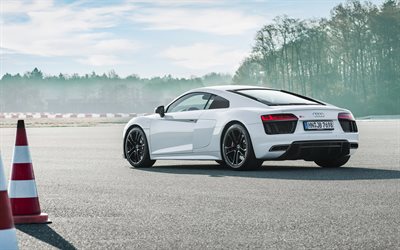 Audi R8 V10 RWS, 2018, white R8, rear view, sports coupe, tuning R8, racing track, Audi