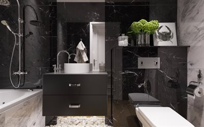 moderni kylpyhuone suunnittelu, musta kylpyhuone, kiilto, moderni sisustus, kylpyhuone