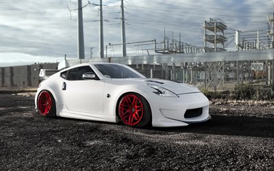 Nissan 370Z, tuning, stance, red wheels, white 370Z, japanese cars, Nissan