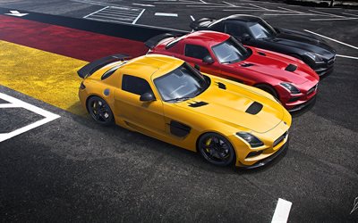 Mercedes-Benz SLS, AMG, Black Edition, flag of Germany, German flag, sports cars, Yellow SLS, Red SLS, Black SLS, Mercedes