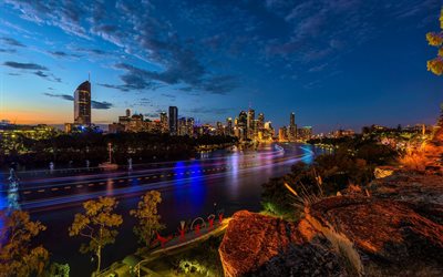 Brisbane, kv&#228;ll, river, skyskrapor, stadens ljus, Queensland, Australien