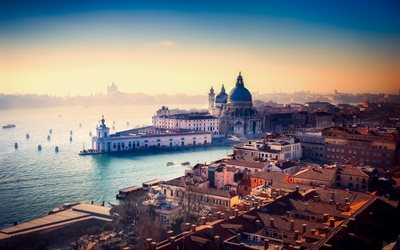 Venedig, kanalen, byggnader, morgon, panorama, Italien