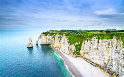 Etretat, 4k, sahil, deniz, kemer, cliffs, Normandiya, Fransa