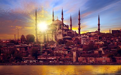 イスタンブール, 4k, ブルーモスクがあります。, 夕日, パノラマ, トルコ