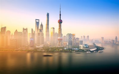 Xangai, Oriental Pearl Tower, paisagens de cidade, Rio Huangpu, Torre de TV, China, &#193;sia