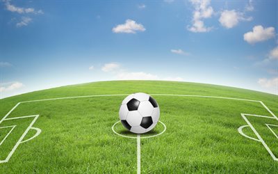 football stadium, green football lawn, football concepts, soccer ball, blue sky