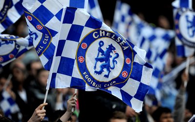 Chelsea FC, fans, emblem, English football club, logo, silk flag, bleachers, stadium, Premier League, England