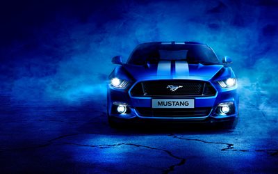 Ford Mustang, 4k, pimeys, 2018 autoja, tuning, sininen Ford Mustang, superautot, Ford