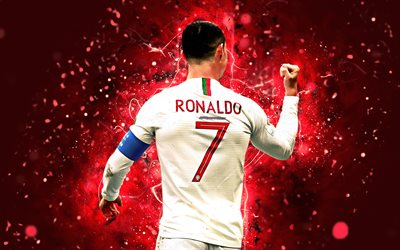 4k, Cristiano Ronaldo, white uniform, Portugal National Team, fan art, Ronaldo, soccer, CR7, neon lights, Portuguese football team