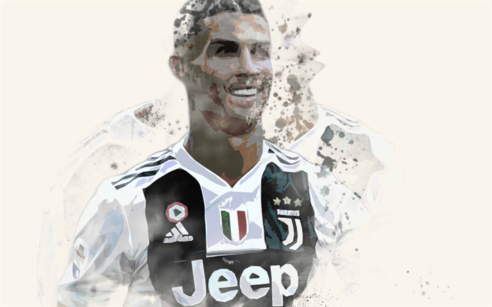 Cristiano Ronaldo, l&#39;art, le portrait, la Juventus FC, art cr&#233;atif, le visage, le sourire, la Serie A, Italie