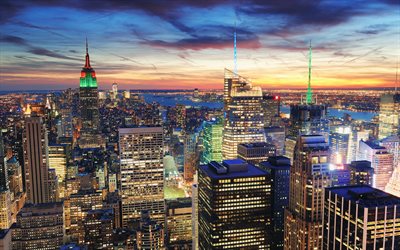 Manhattan, 4k, Nueva York, panor&#225;mica, puesta de sol, noche, ciudad, NY, estados UNIDOS, Am&#233;rica