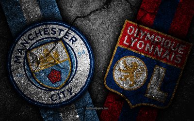 Manchester City vs Olympique Lyon, 4k, Champions League, Group Stage, Round 1, creative, Manchester City FC, Olympique Lyon FC, black stone, Man City, Lyon