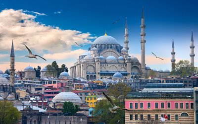 Sininen Moskeija, Sultan Ahmed Moskeija, minareetteja, islam, maamerkki, Turkin moskeija, lippu Turkki, Istanbul, Turkki