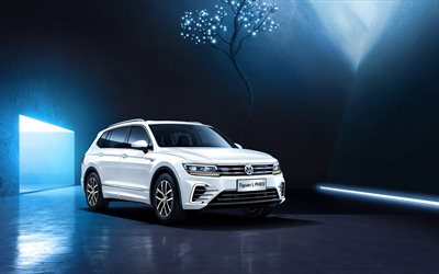 Volkswagen Tiguan L PHEV, 2018, white crossover, hybrid, new white Tiguan, German cars, ecology, Volkswagen