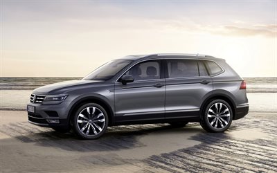 Volkswagen Tiguan, 2018, 4k, vista lateral, exterior, gris cruzado, nuevo gris Tiguan, los coches alemanes, Volkswagen