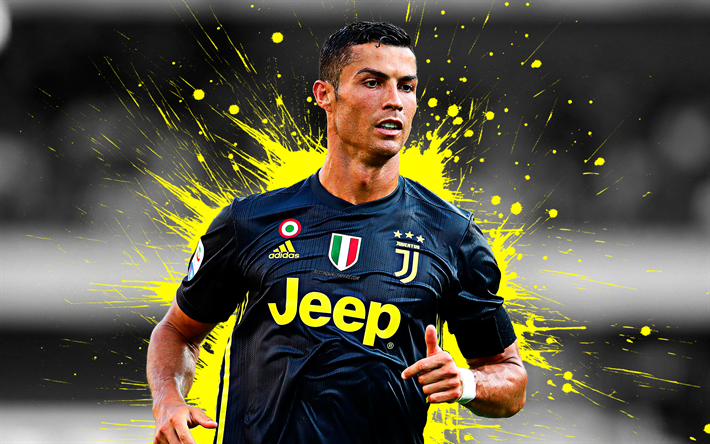 Cristiano Ronaldo, CR7, 4k, Juventus FC, art, Portuguese football player, splashes of paint, portrait, face, black uniform, grunge art, creative art, Serie A, Italy, football