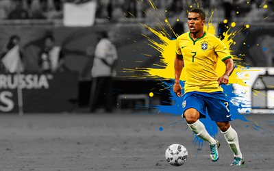 Douglas Costa, 4k, Brazil national football team, art, splashes of paint, grunge art, Brazilian footballer, creative art, Brazil, football, Douglas Costa de Souza