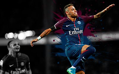Neymar Jr, 4k, Paris Saint-Germain, art, PSG, Brazilian football player, splashes of paint, grunge art, creative art, Ligue 1, France, football