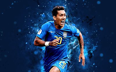 Roberto Firmino, 4k, goal, blue uniform, Brazil National Team, fan art, Firmino, soccer, Brazilian football team, footballers, neon lights