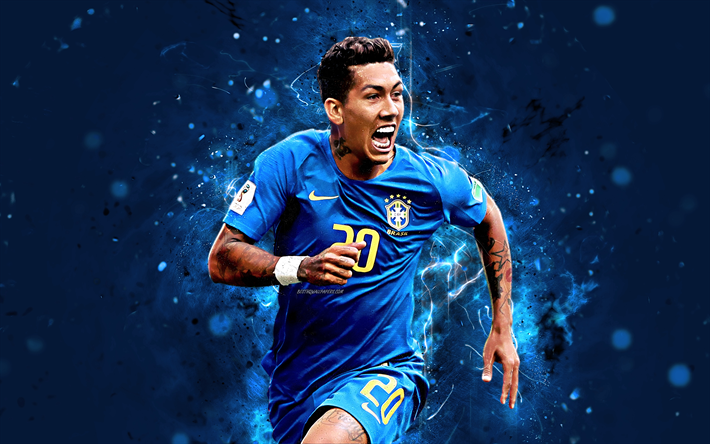Roberto Firmino, 4k, goal, blue uniform, Brazil National Team, fan art, Firmino, soccer, Brazilian football team, footballers, neon lights