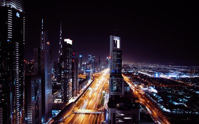 Dubai, notte, Sheikh Zayed Road, grattacieli, nuovo e moderno, citt&#224;, metropoli, Emirati Arabi Uniti, le luci della citt&#224;