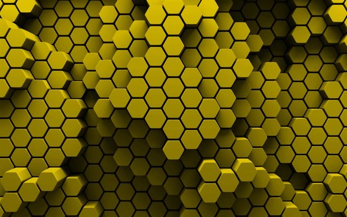 esagoni gialli, 4k, arte 3D, creativo, a nido d&#39;ape, motivi esagoni, sfondo esagoni gialli, esagoni texture, sfondi gialli
