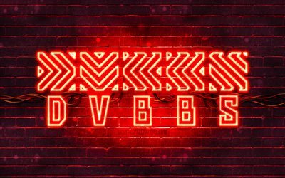 DVBBS 赤のロゴ, 4k, クリス・クロニクル, アレックス・アンドレ, 赤いブリックウォール, DVBBS ロゴ, カナダの有名人, DVBBS ネオンロゴ, DVBBS
