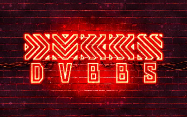 DVBBS punainen logo, 4k, Chris Chronicles, Alex Andre, punainen tiilisein&#228;, DVBBS logo, kanadan julkkis, DVBBS neon logo, DVBBS