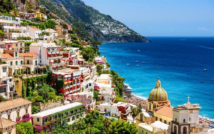 Positano, yaz, deniz, İtalyan şehirleri, Campania, Salerno, İtalya, Avrupa