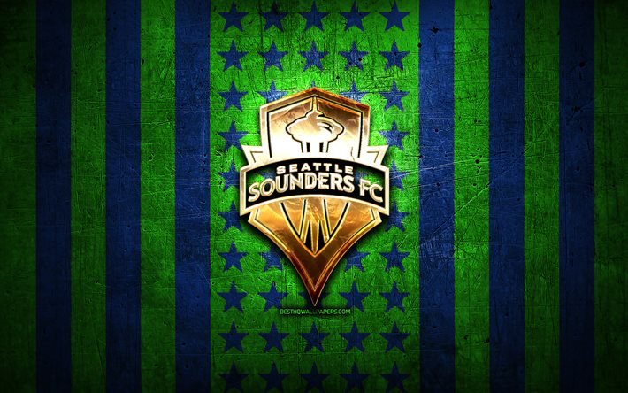 Seattle Sounders flag, MLS, green blue metal background, american soccer club, Seattle Sounders logo, USA, soccer, Seattle Sounders FC, golden logo