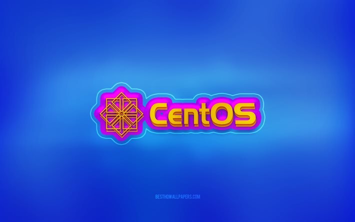 Logo 3d CentOS, sfondo blu, CentOS, logo multicolore, logo CentOS, emblema 3d