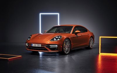 2021, Porsche Panamera Turbo S, 4k, exterior, front view, bronze new Panamera, german cars, sports coupe, Porsche