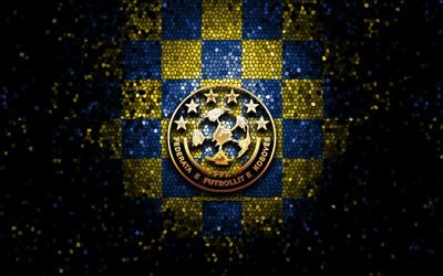 Kosovar fotbollslag, glitterlogotyp, UEFA, Europa, bl&#229; gul rutig bakgrund, mosaikkonst, fotboll, Kosovos fotbollslandslag, FFK-logotyp, Kosovo