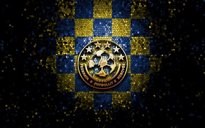 Kosovar football team, glitter logo, UEFA, Europe, blue yellow checkered background, mosaic art, soccer, Kosovo National Football Team, FFK logo, football, Kosovo