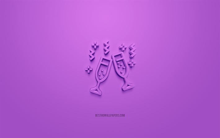 Samppanja-3d-kuvake, violetti tausta, 3D-symbolit, Samppanja, luova 3d-taide, 3d-kuvakkeet, Samppanjamerkki, Juhlap&#228;iv&#228;t 3d-kuvakkeet