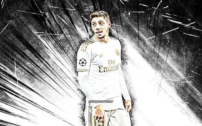 4k, Federico Valverde, grunge art, Real Madrid FC, Uruguaylı futbolcular, La Liga, İspanya, Federico Santiago Valverde Dipetta, brown abstract rays, soccer, football, Real Madrid CF, LaLiga, Federico Valverde 4K