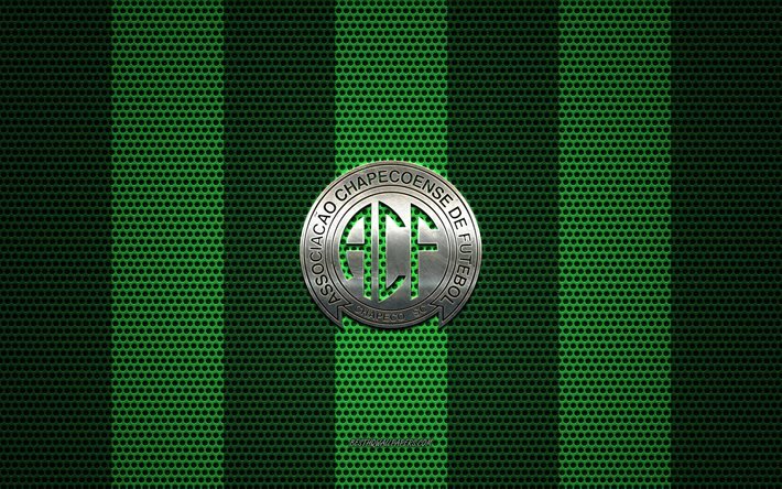 Chapecoense SC logo, Brazilian football club, metal emblem, green metal mesh background, Chapecoense SC, Serie B, Chapeco, Brazil, football